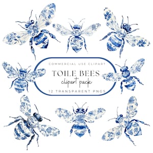 Toile Bees clipart, preppy blauwe en witte aquarel Toile Bee PNG chinoiserie Grand Millennial stijl Grandma Chic commercieel gebruik
