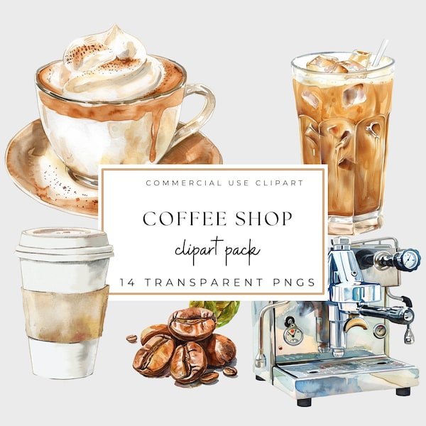 Clipart café à usage commercial, latte, tasse de café glacé, machine à expresso, table et chaises de café, clipart, aquarelle,