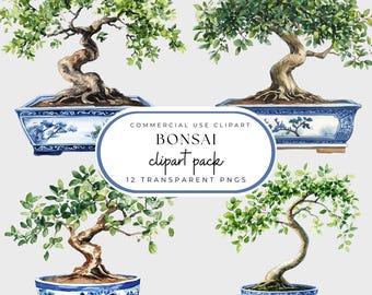 Chinoiserie Topiary Clipart: Bonsai, Blue & White Planters (PNG)