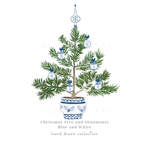 Weihnachtsbaum mit blauen und weißen Ornamenten PNG, handgezeichnete Clipart, Aquarell Weihnachtscliparts, kommerzielle Nutzung