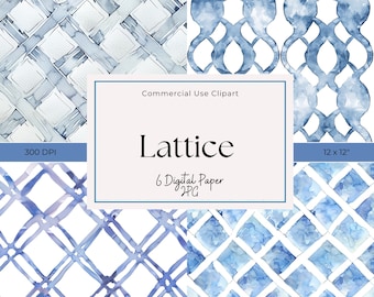 Blue Watercolor Lattice Digital Paper: Geometric Scrapbook Design (JPG)