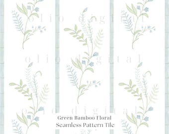 Green Bamboo Floral Seamless Pattern: Botanical Digital Paper (JPG 12x12in Digital Download