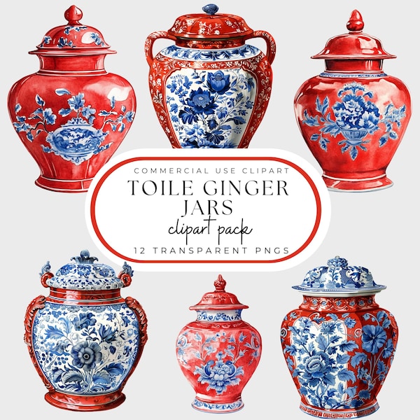 Chinoiserie Ginger Jar Clipart: Red and Blue Toile (PNG)