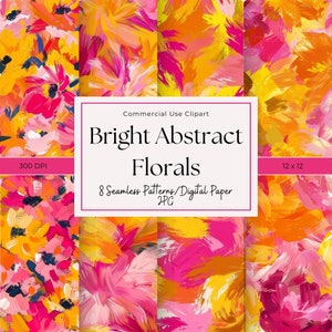 Floral Digital Paper |Colorful Abstract Flowers| Pink and Orange Background Texture | Preppy| Printable | 12"x 12"| 300 DPI| Commercial Use