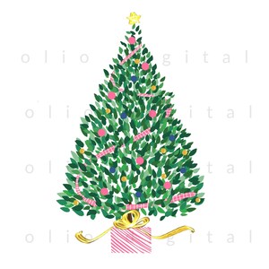 May include: A whimsical illustration of a Christmas tree with green leaves, decorated with pink and blue ornaments, and pink ribbon. A gold star sits atop the tree, and a wrapped gift with a gold bow is at the base. The background is white.