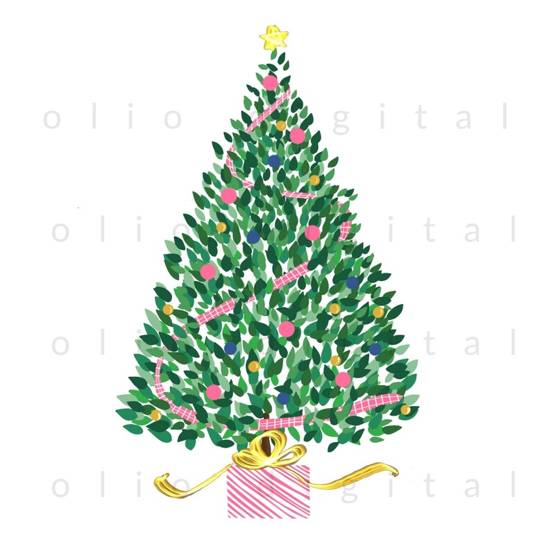 May include: A whimsical illustration of a Christmas tree with green leaves, decorated with pink and blue ornaments, and pink ribbon. A gold star sits atop the tree, and a wrapped gift with a gold bow is at the base. The background is white.