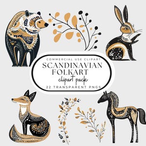 Art folklorique scandinave Clipart animaux lunatiques nordiques Pngs feuillage scandinave noir et feu