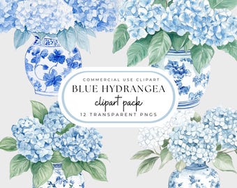 Blue Hydrangea Watercolor Clipart Pack: Blue Toile Vase (Commercial Use)