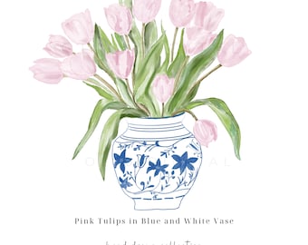 Pink Tulips in Chinoiserie Vase Watercolor Clipart (PNG)
