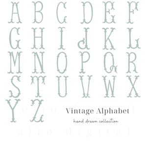 Clipart de alfabeto vintage desenhado à mão, clipart de letras de caligrafia verde-sálvia, monograma de casamento e brasão em estilo grandioso milenar
