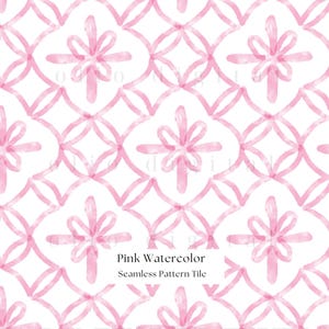 May include: Pink watercolor seamless pattern tile. The design features a repeating pattern of pink floral shapes and curved lines on a white background. The text "Pink Watercolor Seamless Pattern Tile" is displayed at the bottom.