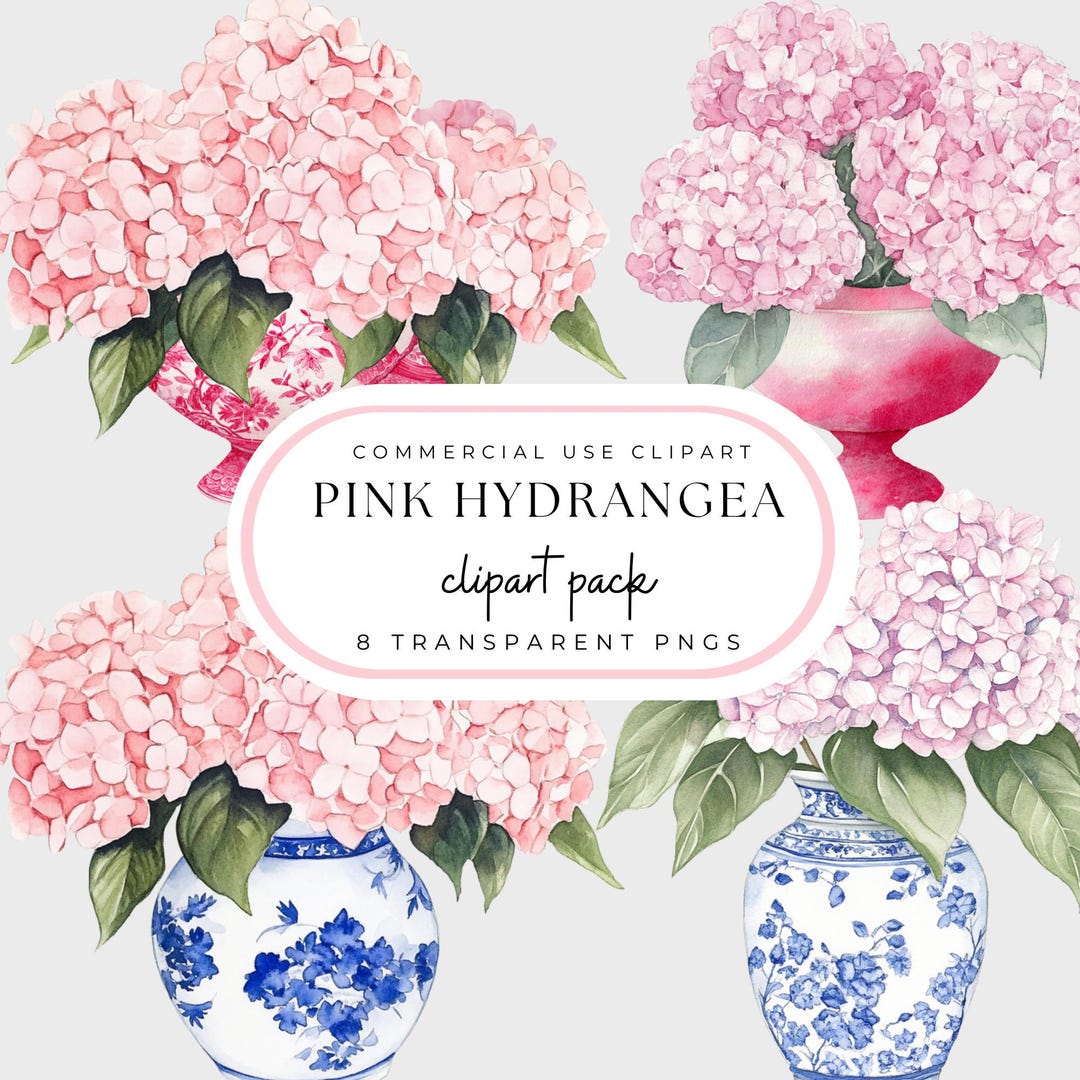 Pink Hydrangea Watercolor Clipart Pack: Blue Toile, Pink Vase ...