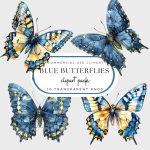 Blauer Schmetterling Clip Art für kommerzielle Nutzung, Aquarell Schmetterlinge PNG Bundle, fliegende Insekt Grafiken, Motte Bild,