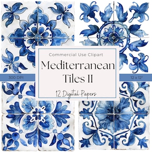 Blue Mediterranean Tile Clipart: Watercolor Azulejo Digital Paper (Digital Download)