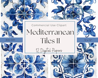 Klipart z niebieskimi kafelkami śródziemnomorskimi: papier cyfrowy akwarelowy Azulejo (pobieranie cyfrowe)