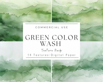 May include: A digital paper pack with 14 green watercolor textures. The textures are abstract and feature a variety of shades of green. The text "COMMERCIAL USE GREEN COLOR WASH Texture Pack 14 Textures/Digital Paper" is displayed on a white rectangle in the center of the image.