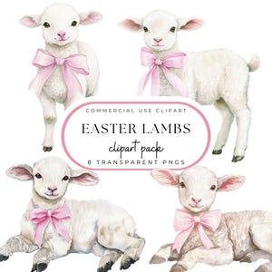 Aquarel clipart paaslammeren | Clipart voorjaarsvakantie | Grand Millennial-stijl | Lammeren met roze strikken