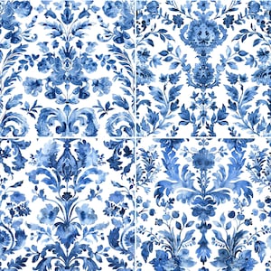 May include: A seamless pattern of blue and white watercolour floral designs. The pattern features intricate floral motifs and swirls, creating a classic and elegant look.