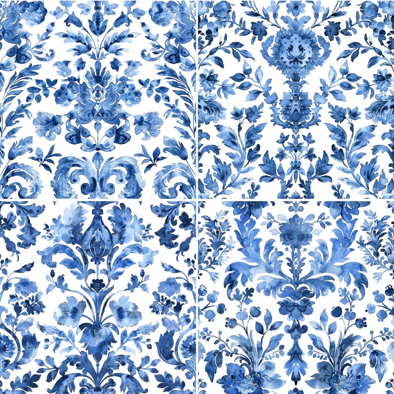 May include: A seamless pattern of blue and white watercolour floral designs. The pattern features intricate floral motifs and swirls, creating a classic and elegant look.