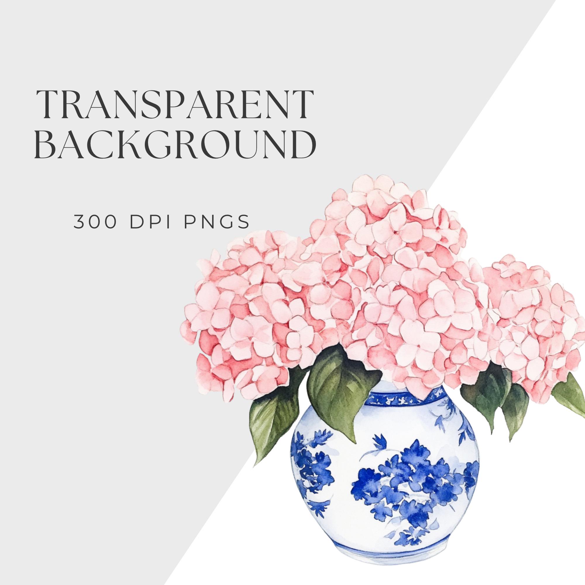 Pink Hydrangea Watercolor Clipart Pack: Blue Toile, Pink Vase ...