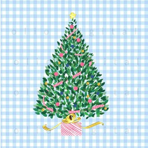 May include: A whimsical Christmas tree illustration with green foliage, adorned with pink, blue, and yellow ornaments, and pink ribbon. A gold star tops the tree, and a wrapped gift with a gold bow sits at the base. The background is a light blue and white gingham pattern.