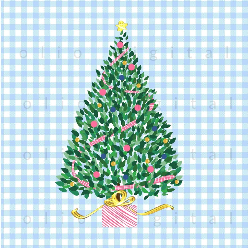 May include: A whimsical Christmas tree illustration with green foliage, adorned with pink, blue, and yellow ornaments, and pink ribbon. A gold star tops the tree, and a wrapped gift with a gold bow sits at the base. The background is a light blue and white gingham pattern.