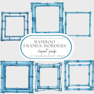 Può includere: Dodici cornici e bordi in bambù acquerellati blu. Le cornici sono quadrate e hanno un aspetto rustico e naturale. COMMERCIAL USE CLIPART BAMBOO FRAMES/BORDERS clipart pack 12 TRANSPARENT PNGS