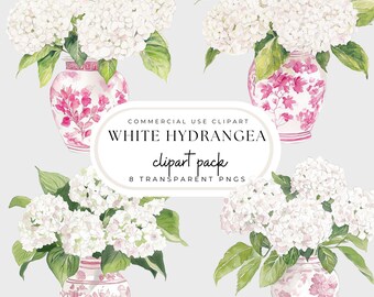 White Hydrangea Clipart: Watercolor Flowers in Pink Toile Vase (PNG Files, Commercial Use
