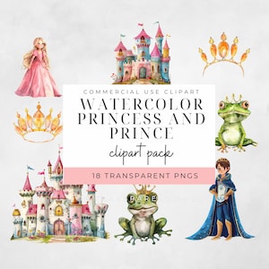 Aquarelle princesse et prince Clipart, château de conte de fées, grenouille avec couronne, PNG transparent, téléchargement immédiat, usage commercial