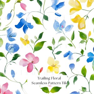 May include: Watercolor floral seamless pattern tile featuring blue, yellow, and pink flowers with green leaves on a white background. The text "Trailing Floral Seamless Pattern Tile" is at the bottom.