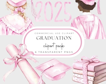 Graduation 2025 PNGs, Pink Graduation Cap and Diploma Clipart, Watercolor School Designs, Little Girl Graduation