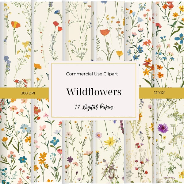 Spring Wildflower l Digital Paper | Floral Clipart| Ecru | Commercial Use Printable Paper Set | Scrapbooking Paper |300 DPI| 12"x 12"|JPG