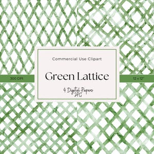 May include: Four digital papers featuring a green lattice pattern on a white backdrop. The image includes the text "Commercial Use Clipart", "Green Lattice", "4 Digital Papers", "300 DPI", and "12 x 12".