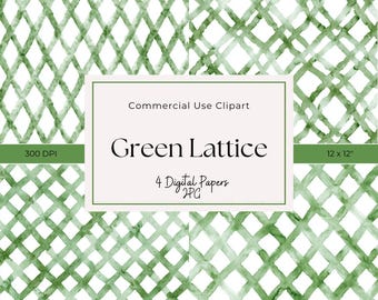 Green Watercolor Lattice Digital Paper: Geometric Scrapbook Design (JPG)