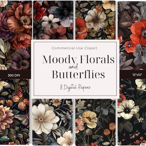 Floral Digital Paper | Commercial Use | Moody Colors| Seamless Pattern| Printable Paper Set | Western Gothic, Dark Academia | 12"x 12"
