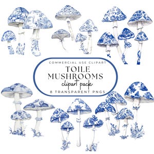 Cogumelos Toile Clipart, Cogumelo Toile Aquarela Azul e Branco PNG Chinoiserie Grand Millennial Style Grandma Chic Uso Comercial