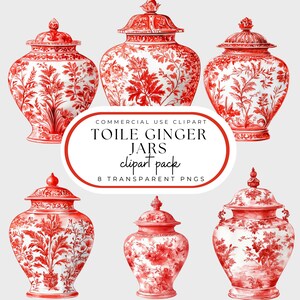 May include: Eight red and white toile ginger jars with floral designs.  Commercial Use Clipart Toile Ginger Jars clipart pack 8 Transparent PNGs.