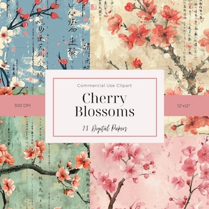 Papel Digital Floral | Flores de Cerejeira Japonesas | Sakura | Uso Comercial | Conjunto de Papel para Impressão | Papel para Scrapbooking | 300 DPI | 12" x 12"