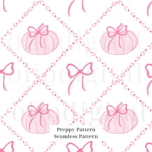 May include: A seamless pattern featuring pink pumpkins with bows and pink bows on a white background. The pumpkins are arranged in a grid pattern, with dotted lines and arrow-shaped accents. The text "Preppy Pattern Seamless Pattern" is at the bottom.