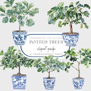 Potplanten png, chinoiserie-clipartpakket, blauwe en witte toile plantenbakken aquarel, grand millennial stijl, preppy botanisch decor, aquarel png
