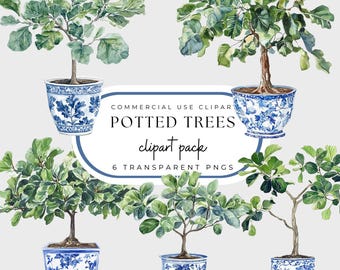 Chinoiserie Topfpflanzen Clipart: Blau Weiß Aquarell PNG (Digital Download)