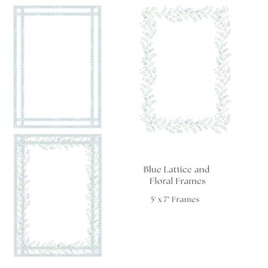 Könnte beinhalten: Drei rechteckige Rahmen werden gezeigt, zwei mit einem blauen Gittermuster und einer mit einem floralen Rand. Der Text lautet "Blue Lattice and Floral Frames" und "5 x 7" Frames."