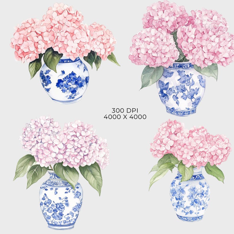 Pink Hydrangea Watercolor Clipart Pack: Blue Toile, Pink Vase ...