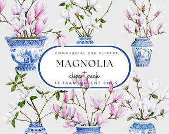 Floral Clipart: Magnolia Blossoms in Chinoiserie Planters (PNG)
