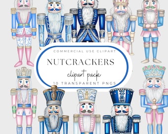 May include: Ten watercolor illustrations of nutcracker soldiers. Each nutcracker is wearing a blue and pink uniform with gold accents. The nutcrackers are all in different poses, some holding a drum, some holding a sword, and some holding a staff. The illustrations are on a white background.