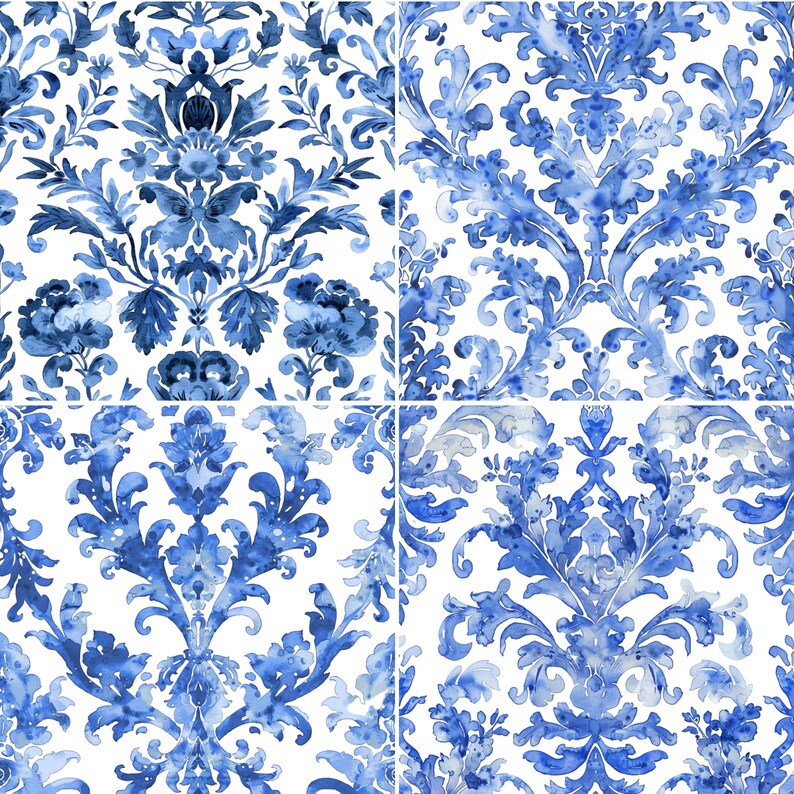 May include: A seamless pattern of blue and white floral damask designs. The pattern is made up of repeating motifs of stylised flowers and leaves.