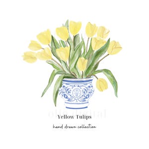 Gele tulpen in blauw en wit chinoiserievaas PNG, handgetekende clipart, aquarel clipart, Grand Millennial-stijl, commercieel gebruik