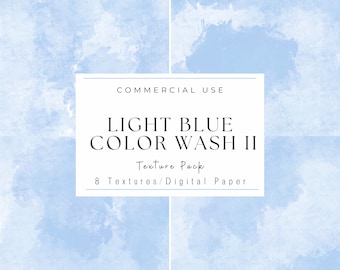 May include: A digital paper pack with 8 light blue watercolor textures. The pack is for commercial use. The text "LIGHT BLUE COLOR WASH II" is displayed on the image.