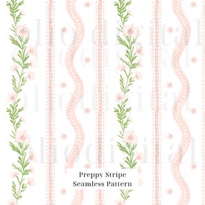 Puede incluir: Un patrón sin costuras con rayas verticales en rosa pálido y blanco. Rayas rosas onduladas se alternan con rayas rosas rectas y vides florales. El texto "Preppy Stripe Seamless Pattern" está en la parte inferior.