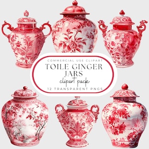 Könnte beinhalten: Sechs rote und weiße Toile-Ingwer-Gläser mit floralen und Landschaftsmotiven. Die Gläser haben Deckel und sind in verschiedenen Formen und Größen. Der Text "Toile Ginger Jars clipart pack 12 transparent PNGs" befindet sich in der Mitte des Bildes.